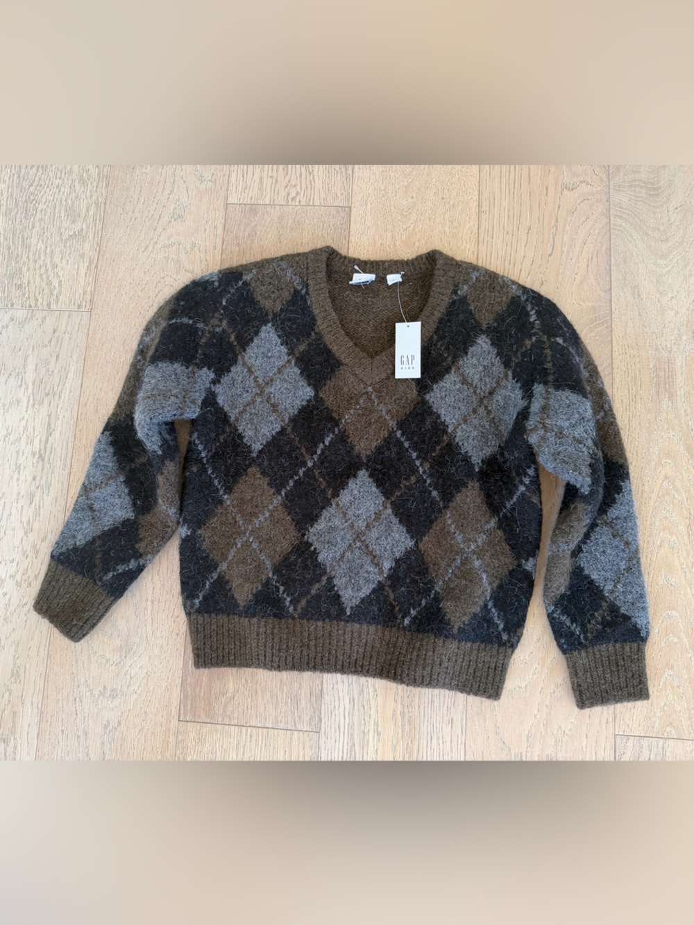 Gap Kids Argyle Sweater Brown Gray Fuzzy Pullover Size S 6-7 NWT